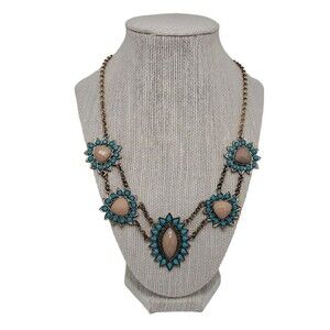 Southwestern Turquoise Necklace Blue Tan Faceted Statement Gold Tone Boho 20"